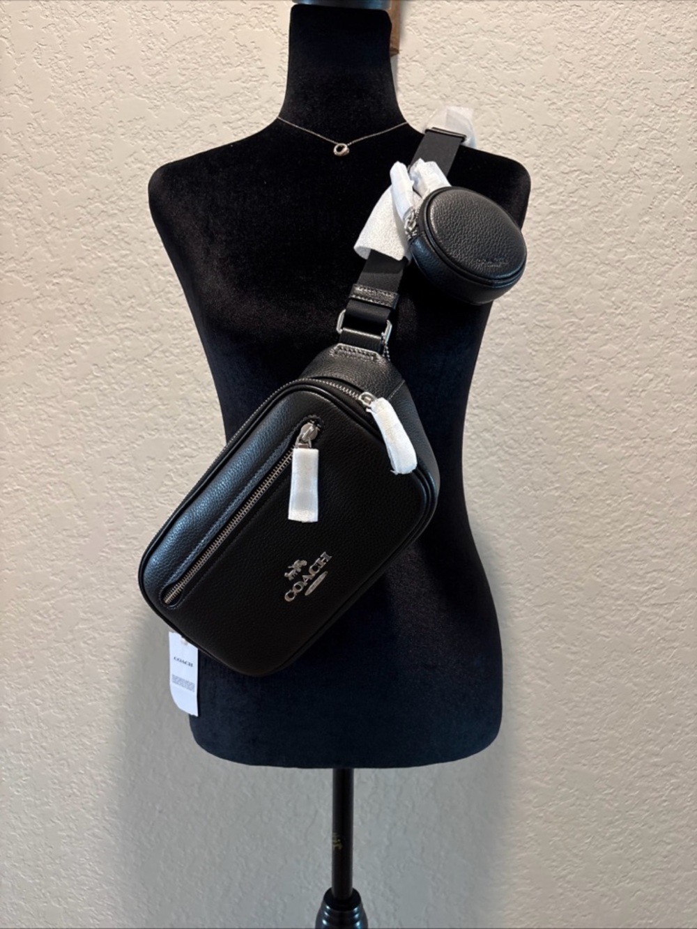 NWT COACH Black Leather Crossbody Sling Bag with Coin Pouch